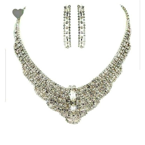 Necklace and Earring Set Silver CZ Wedding Prom - Picture 1 of 2